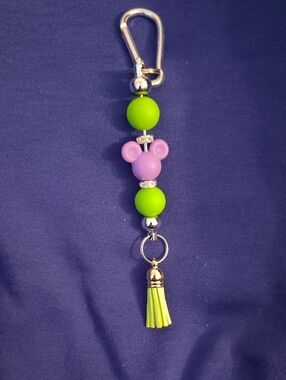 Neon Green & Lavender Beaded Keychain with Tassel